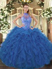Fantastic Halter Top Sleeveless Quinceanera Dress Floor Length Beading and Embroidery and Ruffles Blue Organza