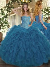 Teal Lace Up Quinceanera Gowns Beading and Ruffles Sleeveless Floor Length