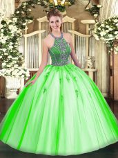 Halter Top Sleeveless Tulle Sweet 16 Dress Beading Lace Up