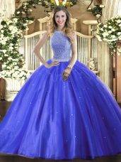 Vintage Blue Lace Up High-neck Beading Sweet 16 Quinceanera Dress Tulle Sleeveless