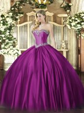 Floor Length Fuchsia Vestidos de Quinceanera Satin Sleeveless Beading