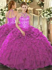 Floor Length Lace Up Vestidos de Quinceanera Fuchsia for Military Ball and Sweet 16 and Quinceanera with Beading and Embroidery and Ruffles