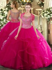 Superior Tulle Scoop Sleeveless Clasp Handle Beading and Ruffled Layers 15 Quinceanera Dress in Hot Pink