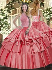 Floor Length Coral Red Quinceanera Gowns Organza and Taffeta Sleeveless Beading and Ruffled Layers