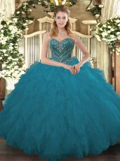 Sumptuous Teal Ball Gowns Beading and Ruffled Layers Quince Ball Gowns Lace Up Tulle Sleeveless Floor Length