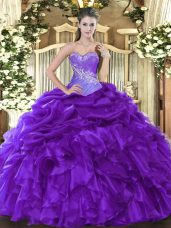 Cute Purple Ball Gowns Beading and Ruffles and Pick Ups Sweet 16 Dresses Lace Up Organza Sleeveless Floor Length
