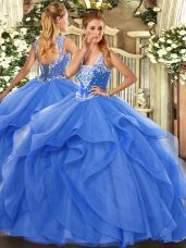 Custom Fit Beading and Ruffles Quinceanera Dresses Blue Lace Up Sleeveless Floor Length