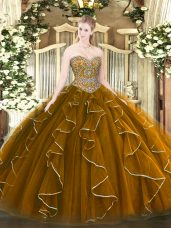 Super Brown Sleeveless Floor Length Beading and Ruffles Lace Up Sweet 16 Dresses