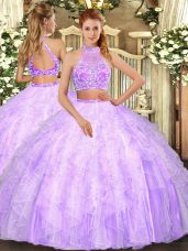 Halter Top Sleeveless Vestidos de Quinceanera Floor Length Beading and Ruffles Lilac Tulle