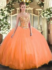 Comfortable Sweetheart Sleeveless Vestidos de Quinceanera Floor Length Embroidery Orange Tulle