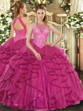 Excellent Hot Pink Sleeveless Tulle Lace Up Vestidos de Quinceanera for Military Ball and Sweet 16 and Quinceanera