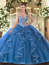 Blue V-neck Neckline Beading and Ruffles Quince Ball Gowns Sleeveless Lace Up