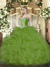 Olive Green Sweetheart Neckline Beading and Ruffles Vestidos de Quinceanera Sleeveless Lace Up