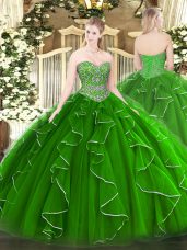 Cheap Green Lace Up Sweetheart Beading and Ruffles Quince Ball Gowns Tulle Sleeveless