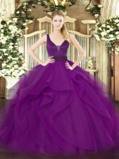 Glorious Floor Length Zipper Ball Gown Prom Dress Purple for Military Ball and Sweet 16 and Quinceanera with Beading and Ruffles