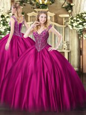 Floor Length Lace Up Sweet 16 Dress Fuchsia for Military Ball and Sweet 16 and Quinceanera with Beading
