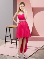 Elegant A-line Casual Dresses Hot Pink Sweetheart Chiffon Sleeveless High Low Lace Up
