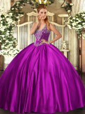 Fantastic Straps Sleeveless Quinceanera Dress Floor Length Beading Fuchsia Satin