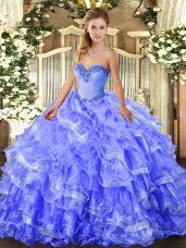Attractive Blue Ball Gown Prom Dress Military Ball and Sweet 16 and Quinceanera with Beading and Ruffled Layers Sweetheart Sleeveless Lace Up
