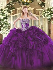 Pretty Dark Purple Sleeveless Floor Length Beading and Ruffles Lace Up Quinceanera Dresses