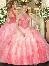 High Class Watermelon Red Vestidos de Quinceanera Military Ball and Sweet 16 and Quinceanera with Beading and Ruffles High-neck Sleeveless Lace Up