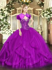 Fantastic Beading and Ruffles Sweet 16 Dress Fuchsia Lace Up Sleeveless Floor Length