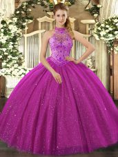 Exceptional Fuchsia Tulle Lace Up Quinceanera Dresses Sleeveless Floor Length Beading and Embroidery