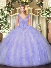 New Arrival Sleeveless Organza Floor Length Lace Up Sweet 16 Dress in Lavender with Beading and Ruffles