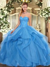 Baby Blue Ball Gowns Beading and Ruffles Ball Gown Prom Dress Lace Up Tulle Sleeveless Floor Length