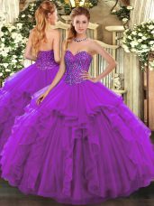 Sweetheart Sleeveless Quinceanera Dresses Floor Length Beading and Ruffles Eggplant Purple Tulle
