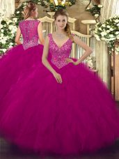 Edgy Fuchsia Tulle Zipper V-neck Sleeveless Floor Length Quinceanera Dresses Beading and Ruffles