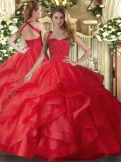 Exceptional Red Tulle Lace Up Halter Top Sleeveless Floor Length Sweet 16 Dresses Ruffles