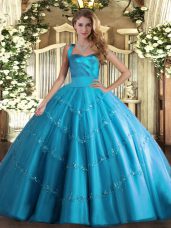 Baby Blue Sleeveless Tulle Lace Up Quinceanera Dress for Military Ball and Sweet 16 and Quinceanera