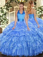 Sweet Baby Blue Organza Lace Up Halter Top Sleeveless Floor Length Quinceanera Dress Ruffled Layers and Pick Ups