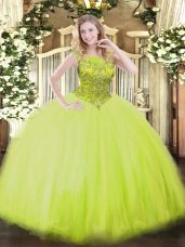 Yellow Green Zipper Scoop Beading Quinceanera Gown Tulle Sleeveless