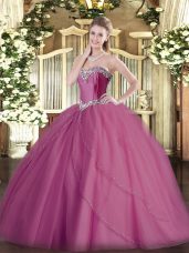 Lilac Ball Gowns Sweetheart Sleeveless Tulle Brush Train Lace Up Beading Sweet 16 Dresses