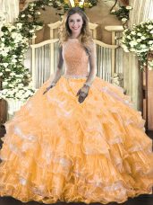Colorful Ball Gowns 15th Birthday Dress Orange High-neck Organza Sleeveless Floor Length Lace Up