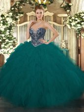 Exquisite Floor Length Teal Quinceanera Dresses Tulle Sleeveless Beading and Ruffles
