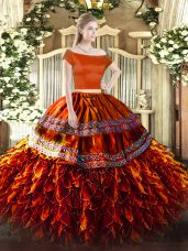Glorious Off The Shoulder Short Sleeves Quinceanera Gowns Floor Length Ruffles Rust Red Organza