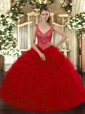 Wine Red Ball Gowns V-neck Sleeveless Organza Floor Length Zipper Beading and Ruffles 15 Quinceanera Dress