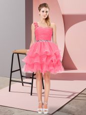 Sleeveless Organza Mini Length Lace Up Prom Party Dress in Watermelon Red with Beading and Ruffled Layers