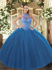 Extravagant Sleeveless Floor Length Beading and Embroidery Lace Up Quinceanera Dresses with Navy Blue