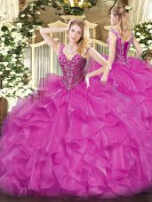 Organza Long Sleeves Floor Length Quince Ball Gowns and Beading and Ruffles