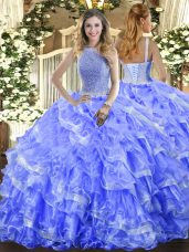 Blue Sleeveless Beading and Ruffled Layers Floor Length Sweet 16 Dress