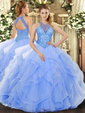 High Quality Floor Length Lace Up Ball Gown Prom Dress Light Blue for Military Ball and Sweet 16 and Quinceanera with Beading and Ruffles