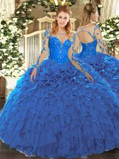 Best Floor Length Lace Up Sweet 16 Quinceanera Dress Blue for Military Ball and Sweet 16 and Quinceanera with Lace and Ruffles
