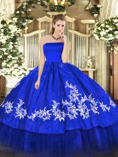 Spectacular Sleeveless Floor Length Embroidery Zipper Quinceanera Dress with Royal Blue