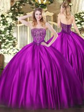 Fuchsia Strapless Neckline Beading Ball Gown Prom Dress Sleeveless Lace Up