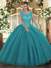 Floor Length Teal Quinceanera Gowns Scoop Sleeveless Backless