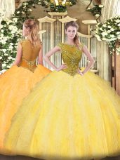 Comfortable Gold Ball Gowns Scoop Sleeveless Tulle Floor Length Zipper Beading and Ruffles Quinceanera Gown